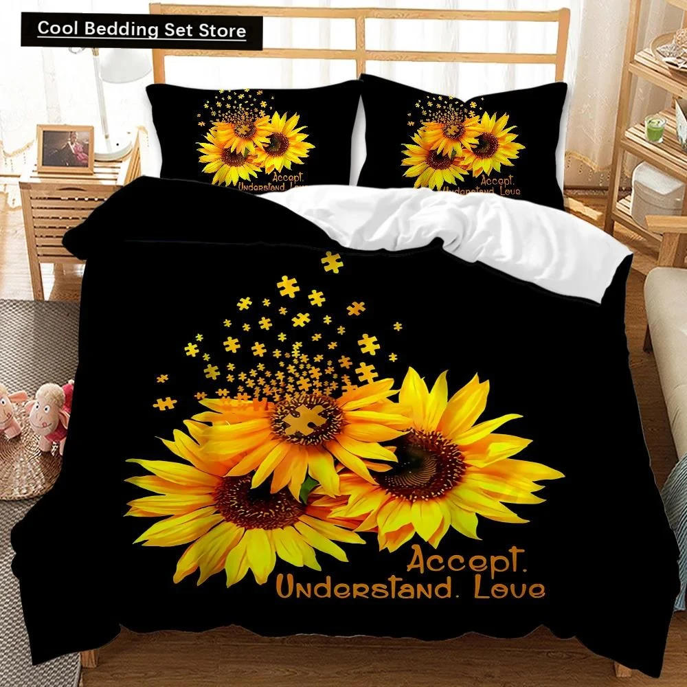 

Sunflower Duvet Cover Set Yellow Flower Bedding Set Sunflower Botanical Floral Garden Bloom Print on Black Polyester Quilt Cover