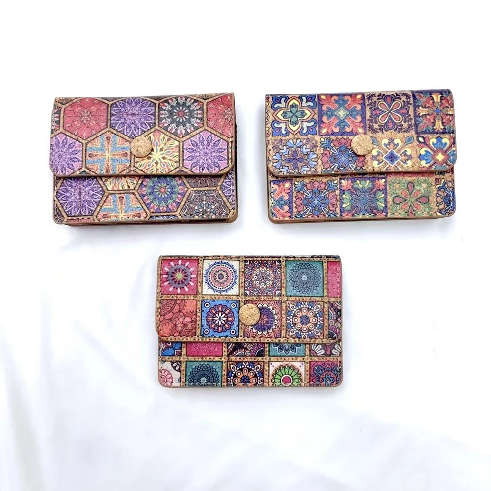 8pcs Card Holder Cork Leather Colorful Grid Printing Thin More Positions Flap Cover Hasp Short Wallet
