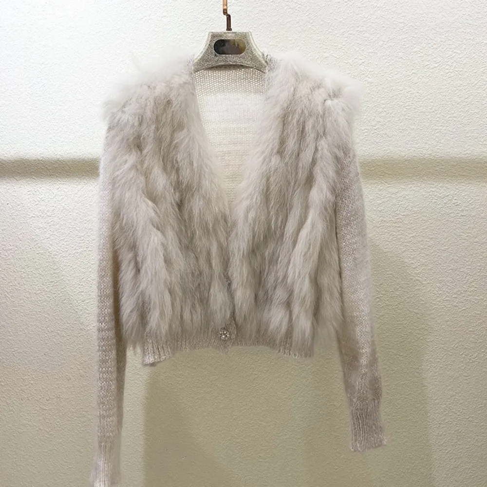 2024 Fashion Women Spring Short Knitted Cardigan Coat with Real Fox Fur Fur Loose Natural Fox Fur Jacket Female Cropped Sweaters