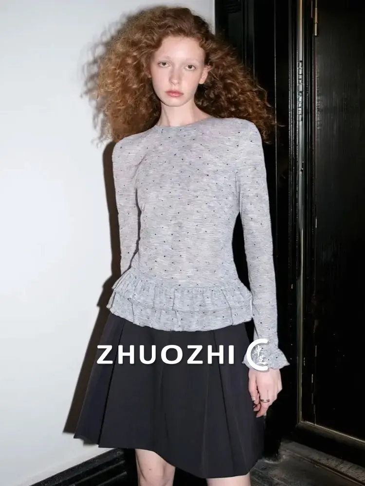 

Футболка с круглым вырезом и кружевным подолом, в горошек, базовый слой, простая, универсальная, для повседневной носки, с длинным рукавом, влагоотводящая.