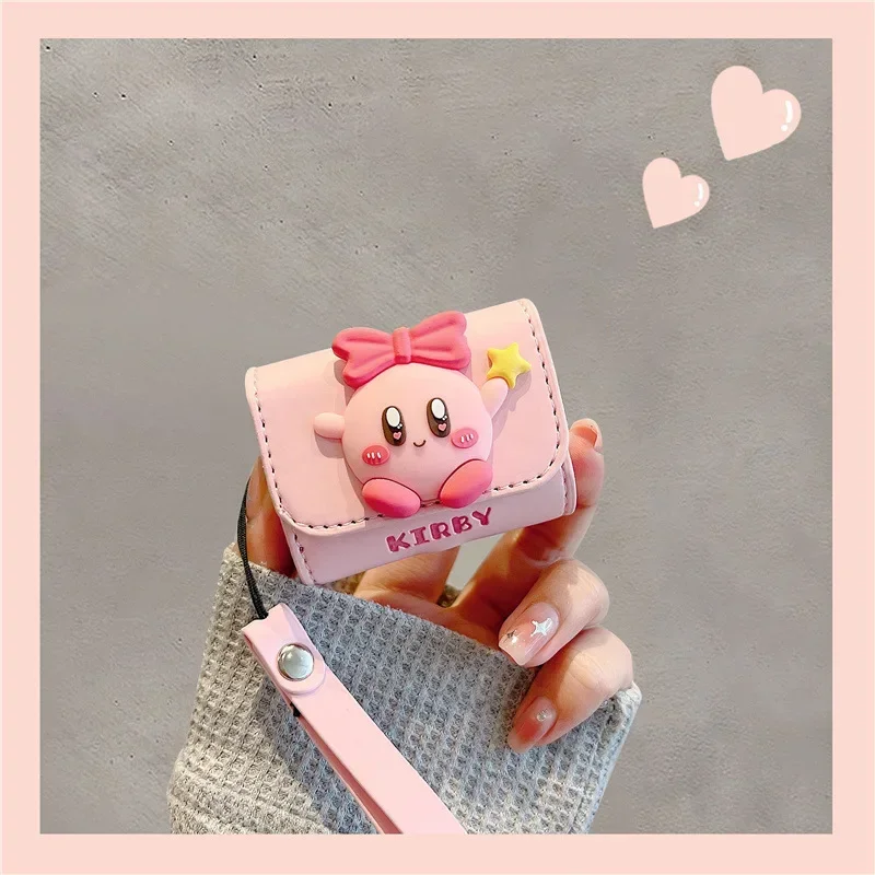 Kirby Kawaii Earphone Case with Strap for Airpods 1 2 3 Pro2 3D Imitation Leather Protective Cover Cute Bluetooth Wireless Case