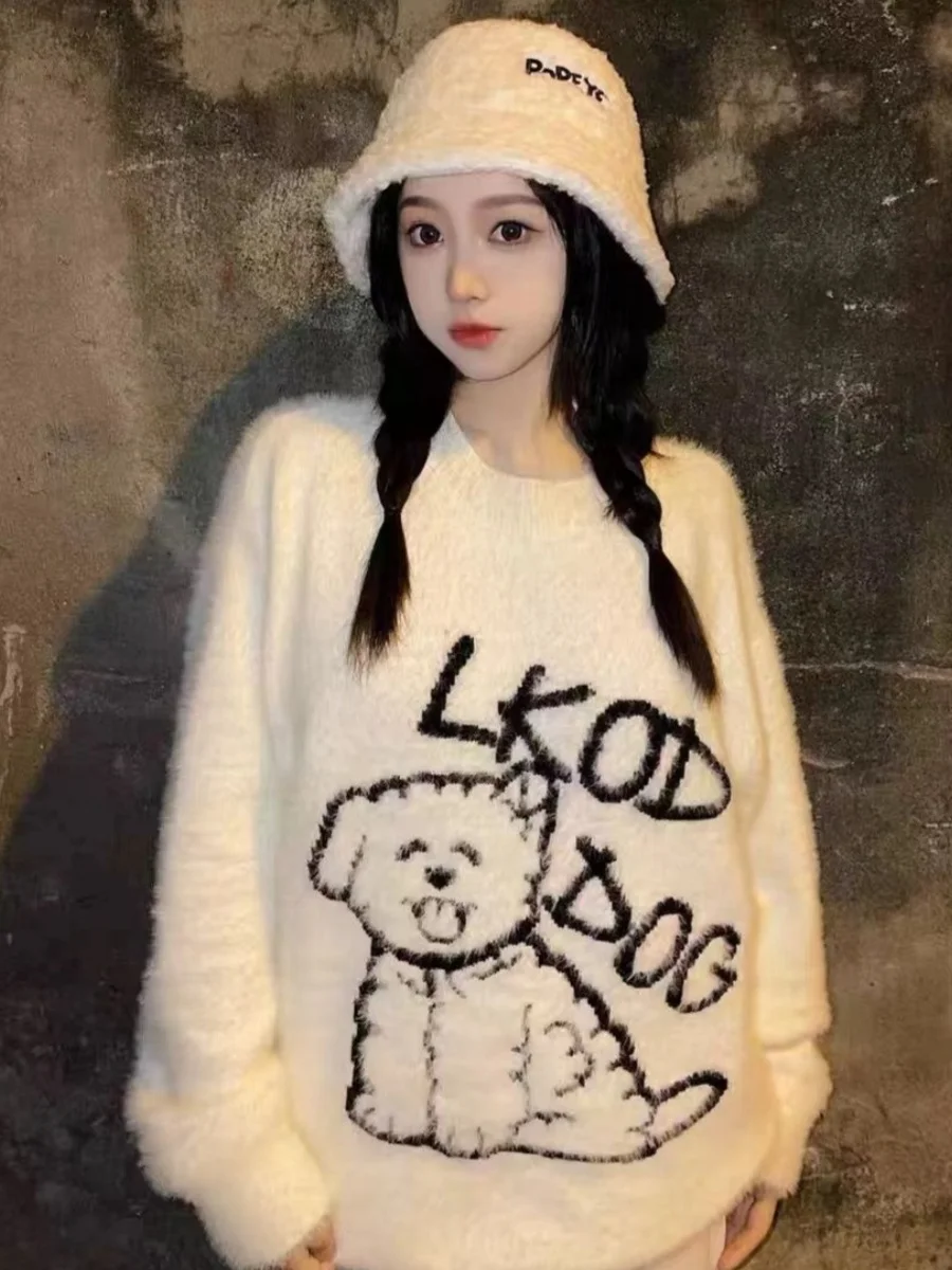 

Корейский мягкий милый свитер с вышивкой в виде маленькой собаки, женский круглый вязаный длинный свек, теплый белый ленивый топ