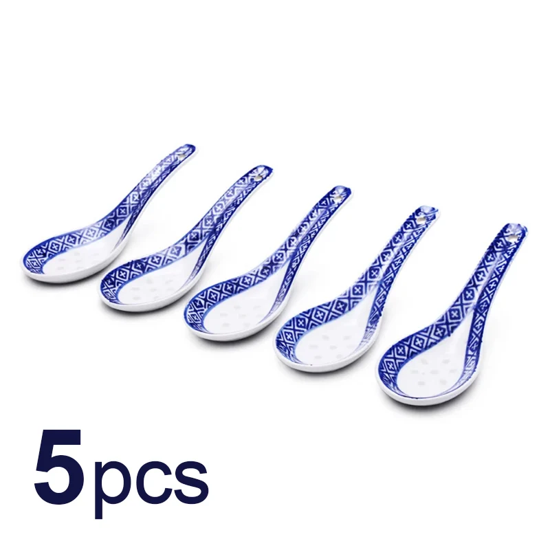 5Pcs Chinese Style Blue and White Porcelain Ceramic Soup Spoon Noodle Soup Dumpling Wonton Soup Rice Spoon Cooking Tableware