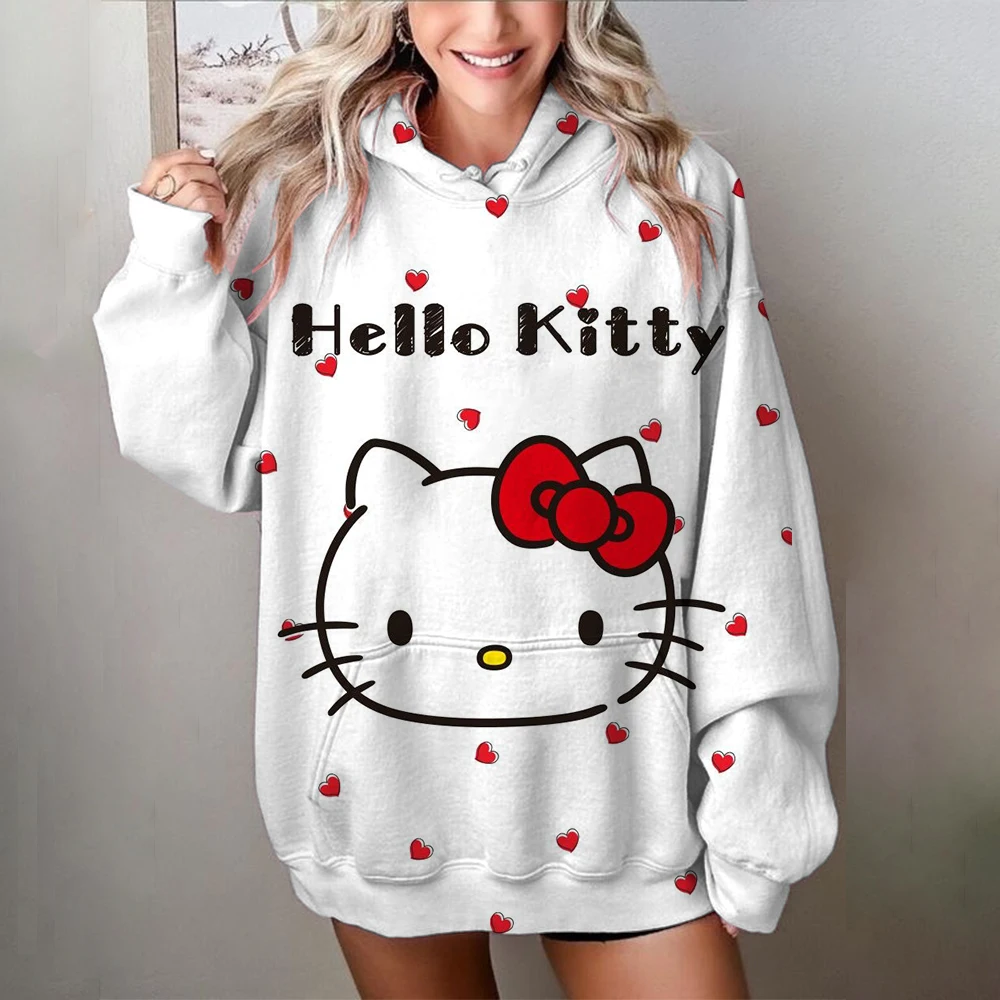 Hoodies Women Basic Hello Kitty Printed Loose Hoodie Sweatshirt Long Sleeve Kangaroo Pocket Drop Shoulder Pullovers Top