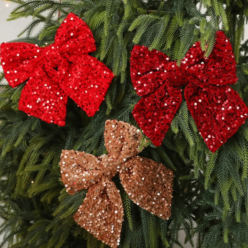 Pingente de arco de natal brilhante com fita diy árvore de natal laço reunido enfeites de suspensão de natal janela