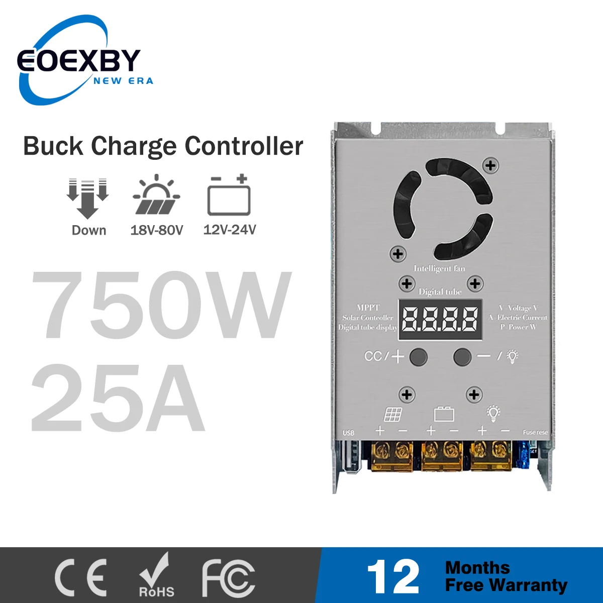 MPPT 750W Stepdown Solar Controller 18V-80V Input Charging For 12V 24V Lithium Lead-acid Gel Battery Real-time Tracking Adjustab