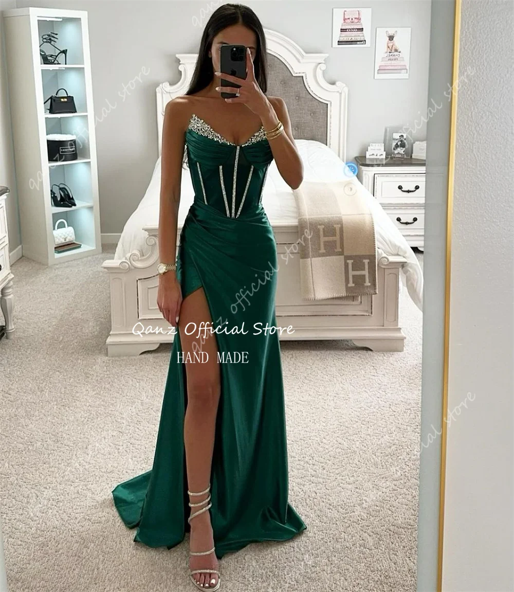 Qanz Emerald Green Luxury Elegant Mermaid Evening Dresses Crystal High Slit Vestidos De Gala Backless Long Party Gown Customized