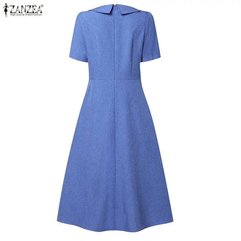 ZANZEA-vestido elegante de verano para mujer, Vestidos de oficina para mujer, vestido veraniego de manga corta con cuello de muñeca, vestido Midi liso, Vestidos de fiesta de línea A 2026
