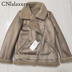 CNlalaxury Winter 2023 Woman Casual Motorcycle Jacket Thickened Long Sleeve Zipper Belt Coat Splicing Lambhair Thermal Jackets