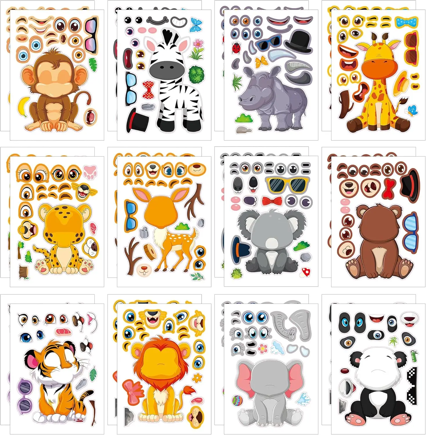 12/24Sheets Make Your Own Animal StickersTiger Giraffe Mix Match Sticker Party Games Wild Farm Animal DIY Crafts For Birthday Pa