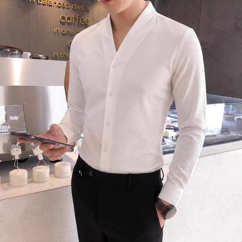 High Quality Men's Stand Collar Long-sleeved Shirt Trendy Solid Color V-neck Slim Fit Shirt Business Casual Social Formal Shirts