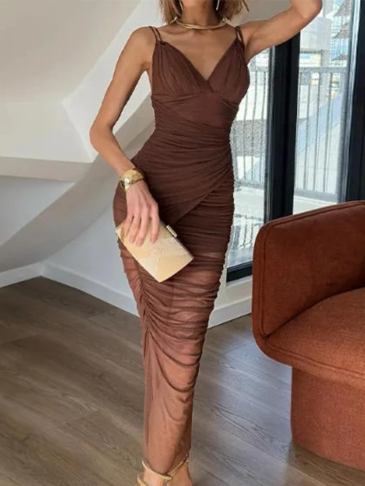 

Длинные платья на тонких бретельках с глубоким V-образным вырезом и открытой спиной для женщин, прозрачное сетчатое платье со рюшами, сексуальные наряды для вечеринок