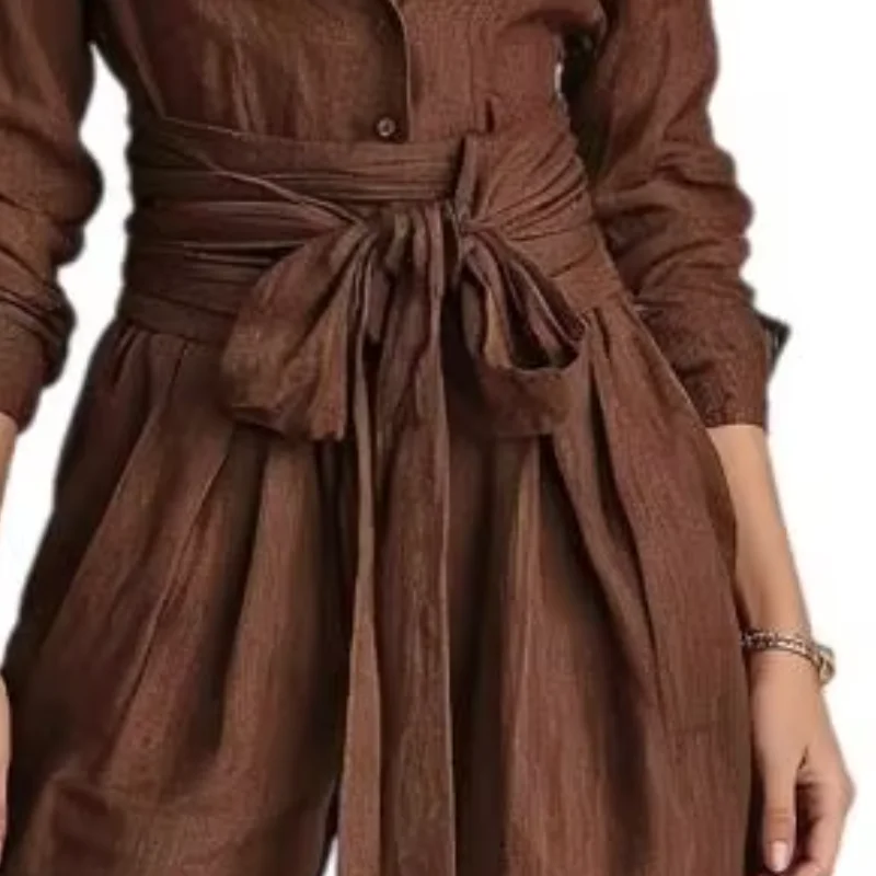 

Women Two-piece Suit Stylish Long Sleeve Shirt And High Waist Wide Leg Pants Solid Color Lounge Set with Waist Tie