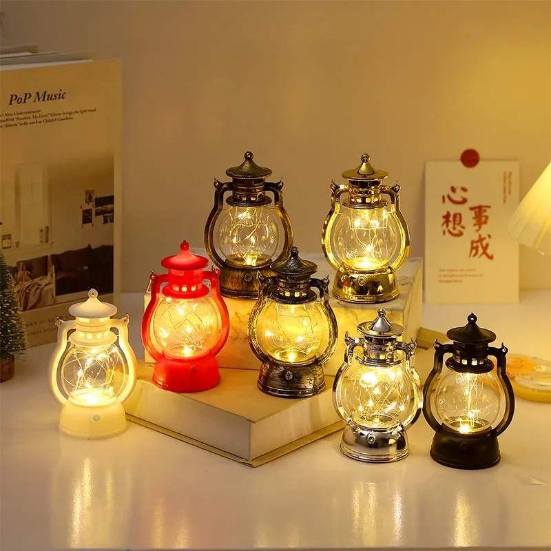 Lampu minyak kecil Retro, lampu poni portabel lilin elektronik LED, ornamen dekorasi liburan kreatif, lampu angin hadiah