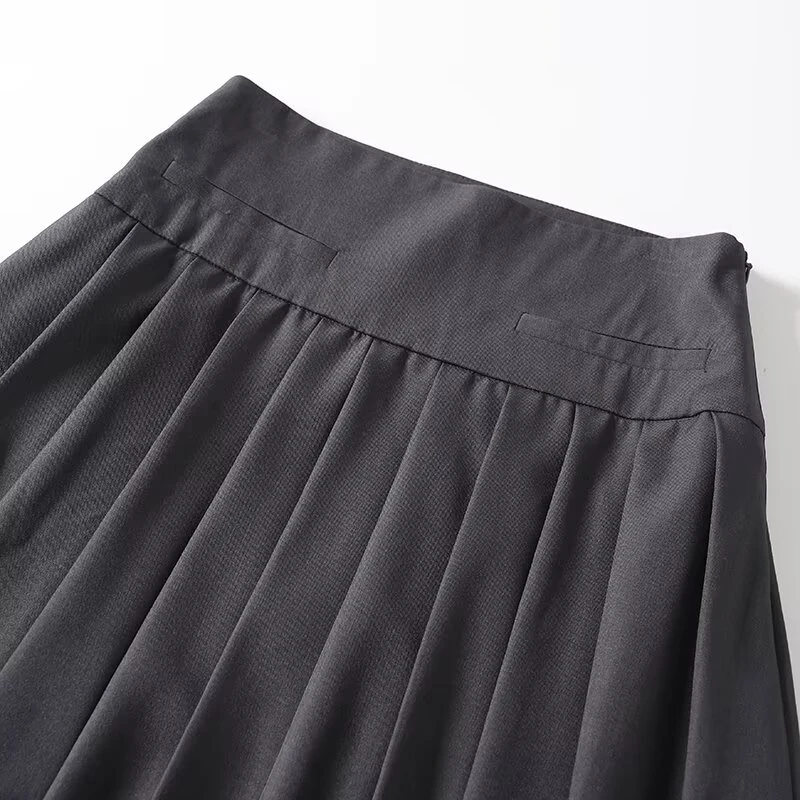YENKYE New Commuting Style Midi Pleated Skirt For Women Dark Gray Autumn High Waist Skirts