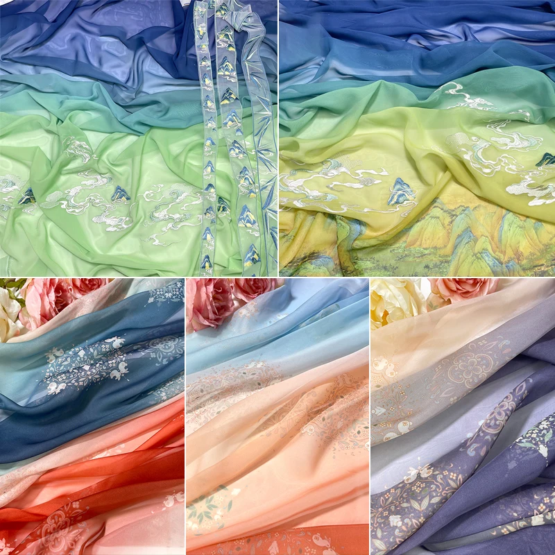 1M 30D Gradient Color Chiffon Fabric Classical Hanfu Fabric For Diy Ancient Style Hanfu Dress Stage Costume Garments Decor