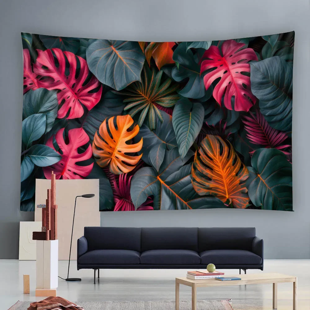 Bohemian Tropical Plants & Flowers Grand Tapestry Colorful Leaf Wall Art Golden Rose Boho Hanging Fabric Decoration