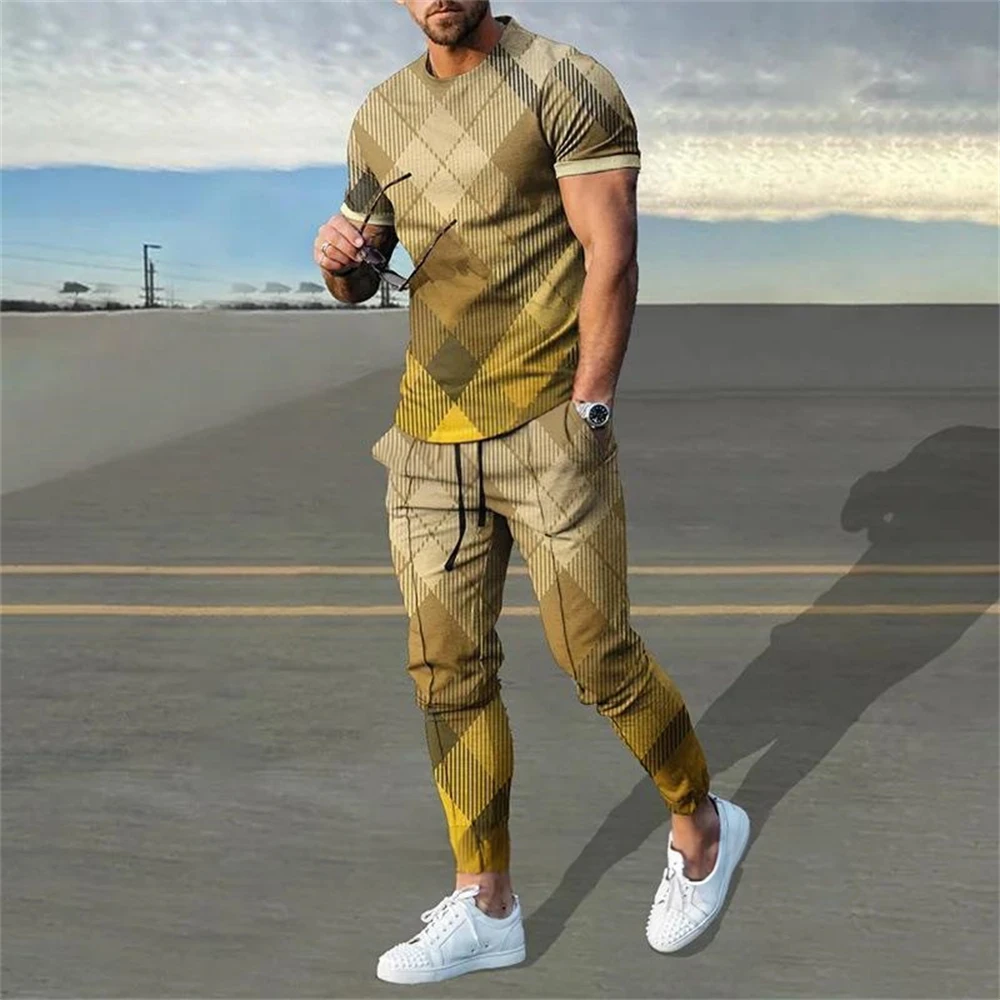 2024 Fashion Men Tshirt Suit Tracksuit 3D Printed Sportswear Short Sleeve T-shirt Long Pants Streetwear 2 Piece Set Male Clothes