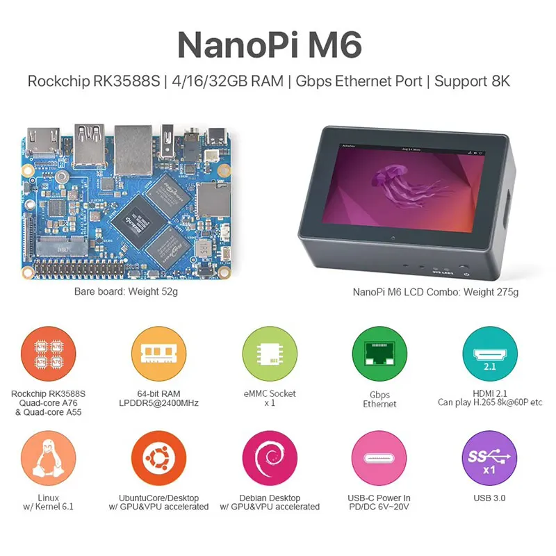 NanoPi M6 Rockchip RK3588S Development Board 64bits LPDDR5 RAM Native Gigabit Ethernet Light NAS 8K Decod