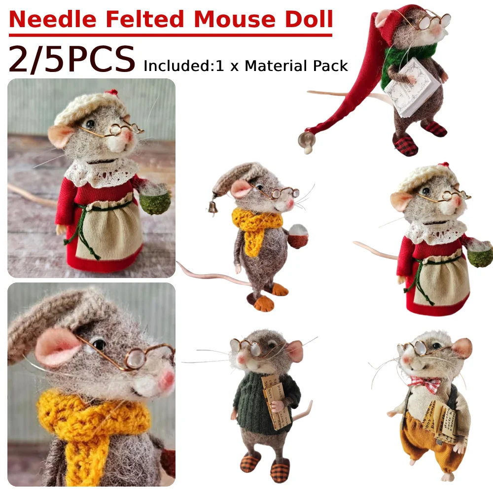 2/5PCS Christmas Needle Felted Mouse DIY Handmade Wool Felted Cute Needle Felted Mouse Wool Felt Mouse Craft Decorations