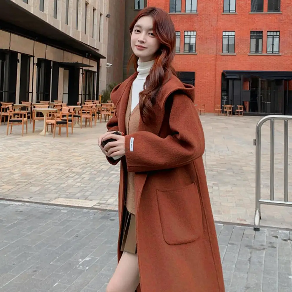 2024 Women Winter Overcoat Hooded Pockets Pure Color Cardigan Mid Length Coat Thermal Long Sleeves Commuting Dating Winter Coat