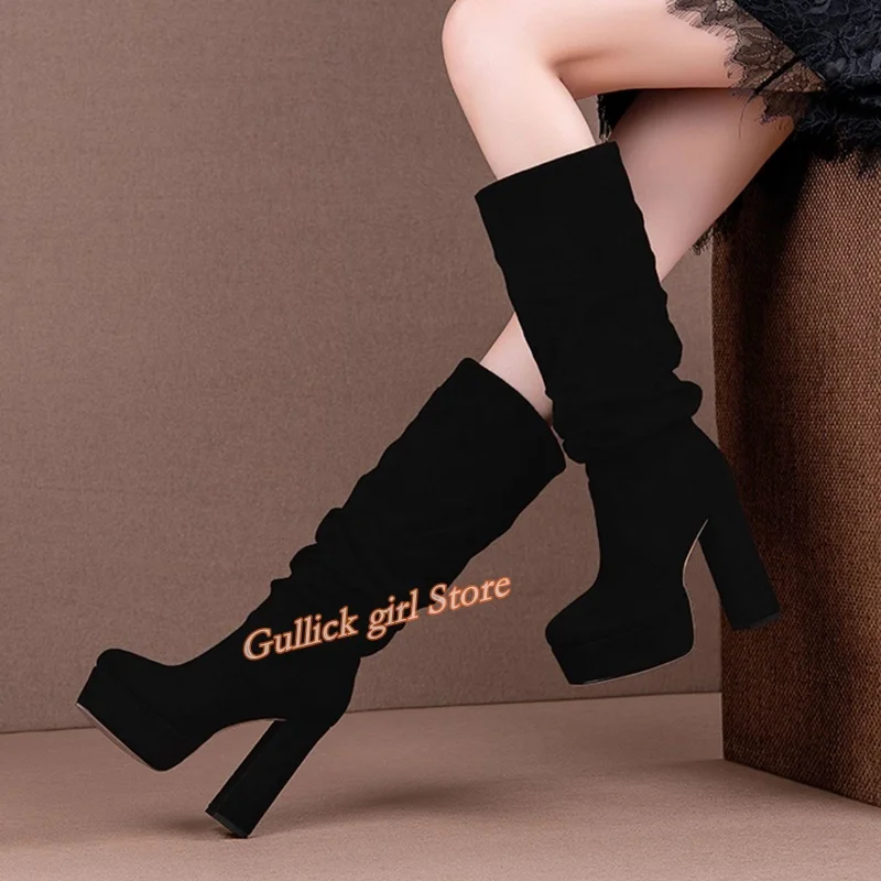 Black Suede Pleated Knee High Boots Block Heel Platform Round Toe Runway 2026 Winter Autumn Women Dress Shoes Slip On Boots