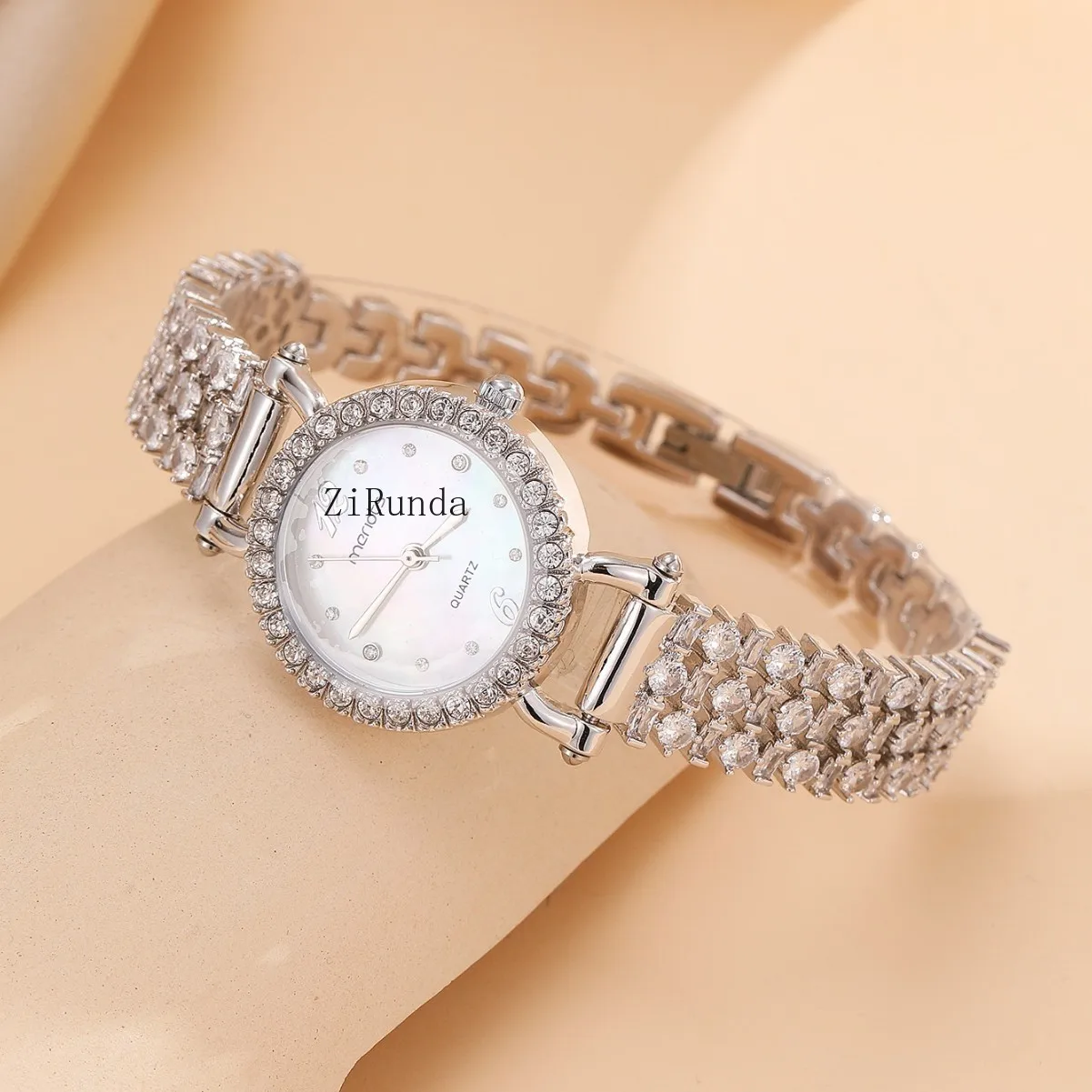 ساعة نسائية دائرية مرصعة بالألماس، ساعة كوارتز قابلة للتعديل بدون سحب #4
