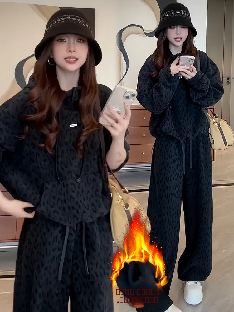 Laid-ba Set di abbigliamento sportivo da donna a vita alta pantaloni a gamba larga felpa con cappuccio in due pezzi inverno Faion casual confortevole caldo Thiened