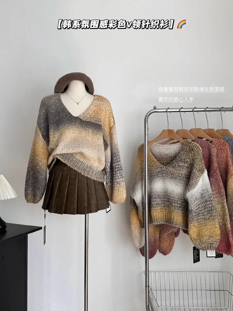 

V-neck Tie Dye Elegant Loose Knit Sweater Winter Korean-style Slouchy Sweater Cute Sweet Cozy Knit Sweater