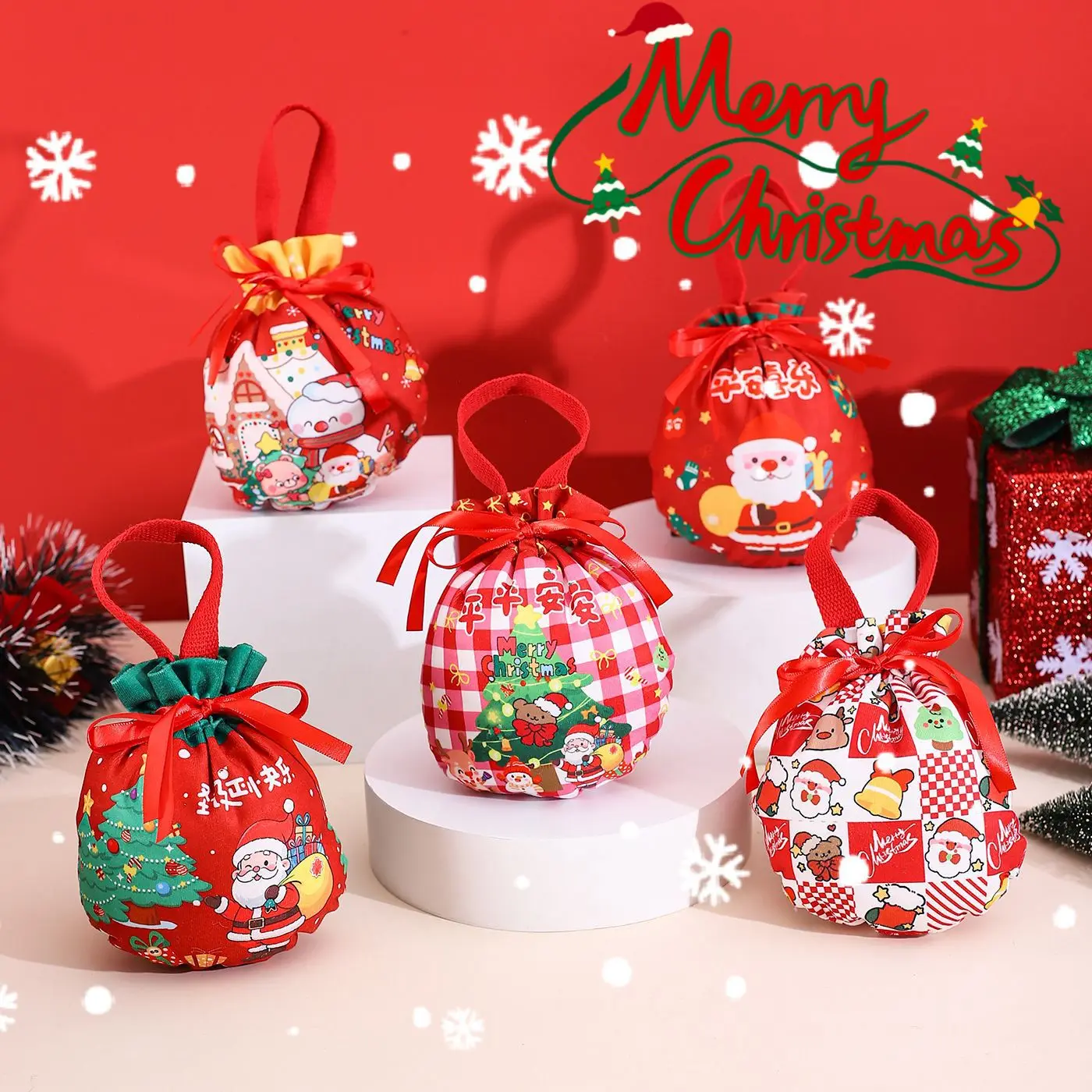 5 pc Christmas Gift Bags, Premium Velvet Drawstring Bags for Apple & Candy, Pre-Tied No Fold Gift Pouch for Xmas Party Favors