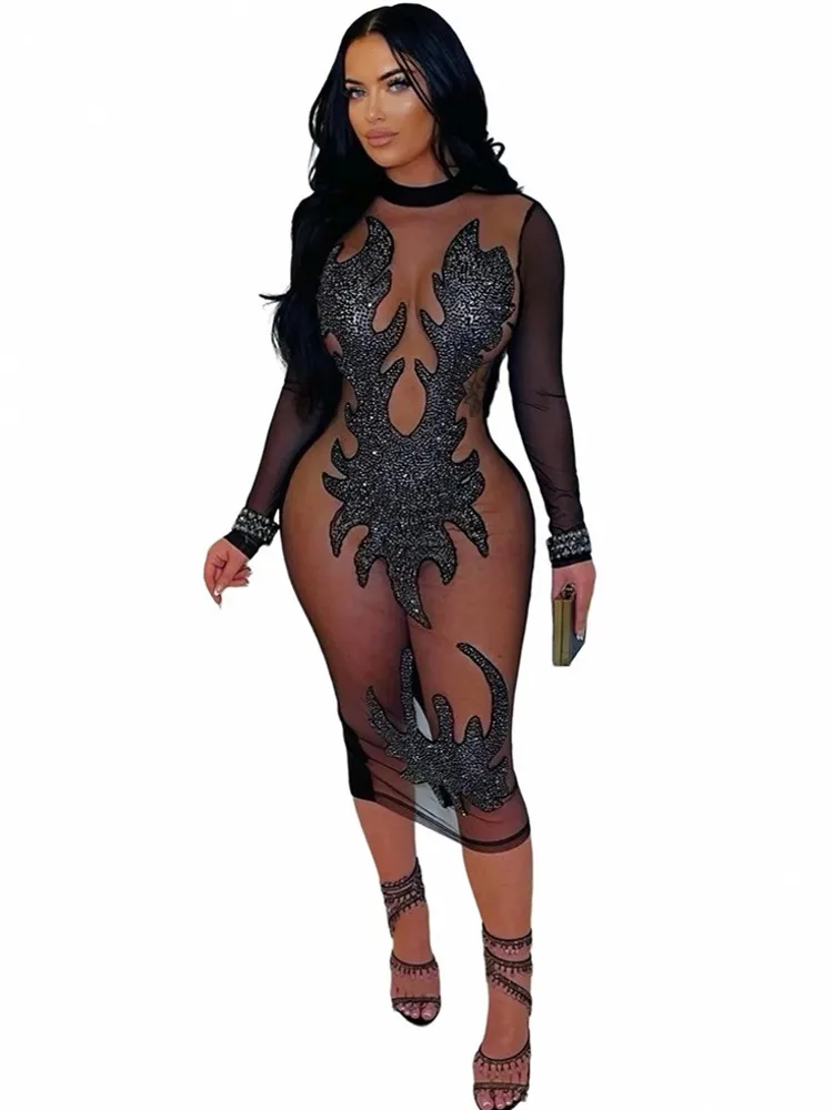 ชุดเดรสยาวแขนยาวสีดำแบบหรูหรา ปี 2026 เสื้อผ้าผู้หญิง ชุดลำลองสำหรับงานปาร์ตี้ งานเลี้ยงตอนเย็น ชุดเดรสทรงดินสอซีทรูวิบวับ เซ็กซี่