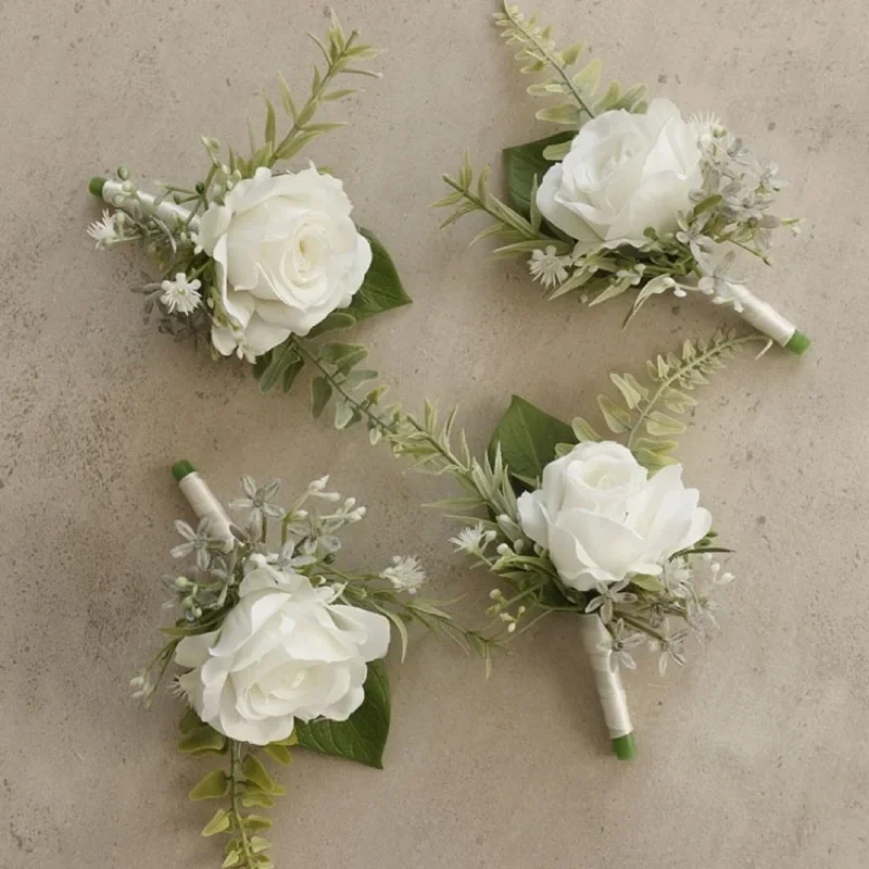 Corsage branco do pulso para Groomsman, flores artificiais rosa, terno Boutonniere, acessórios do casamento