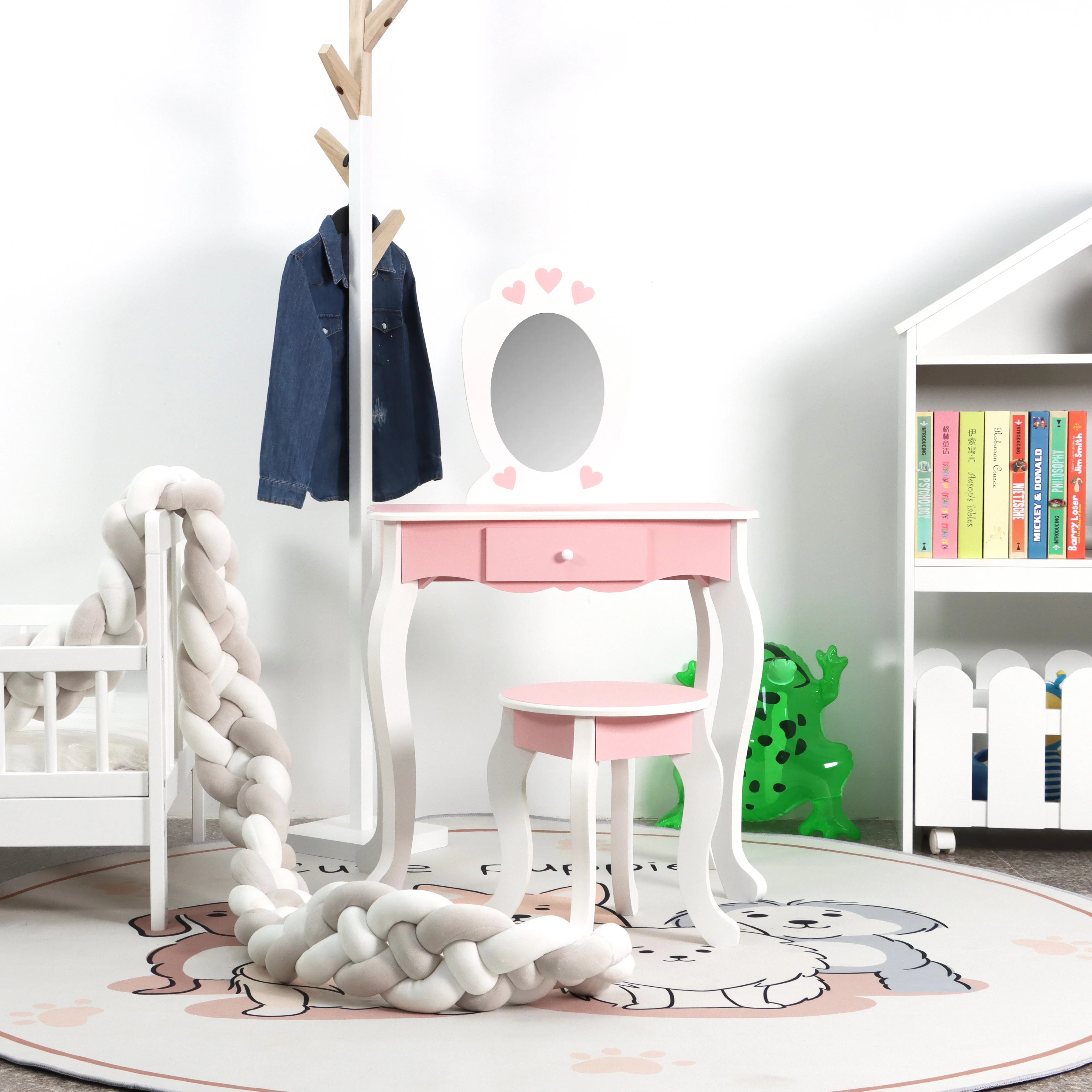 Kids Dressing Table Pink Vanity Table with Stool and Mirror Set for Girls Pretend Beauty Makeup Furniture Play Set for Childrenp
