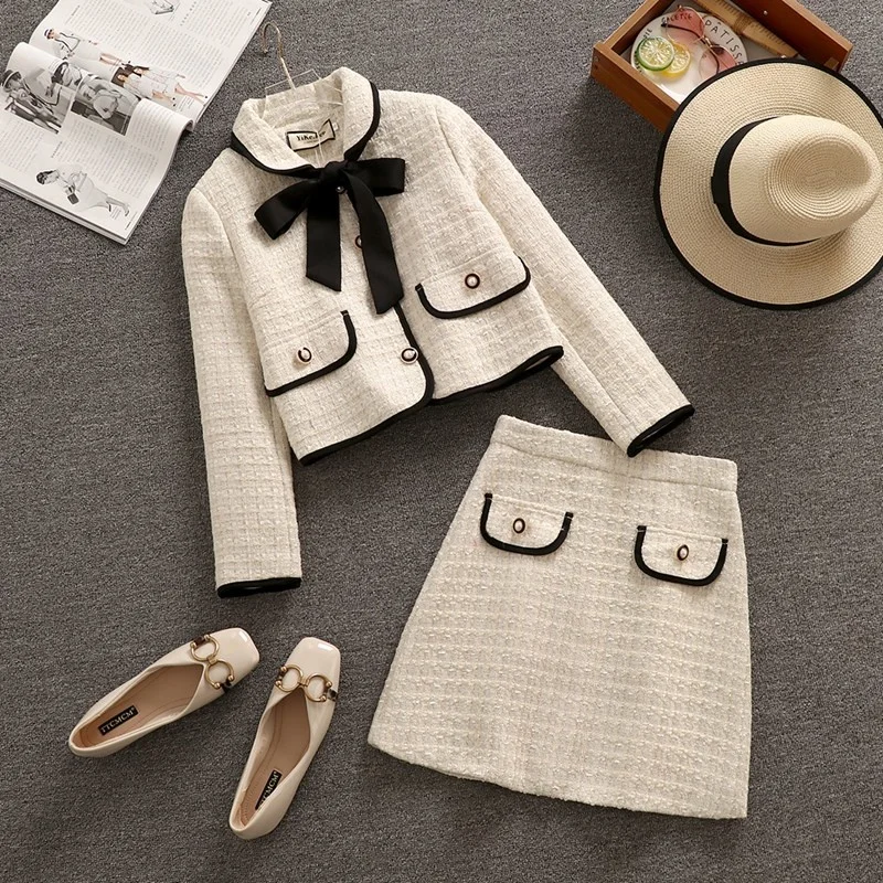 

New Winter Vintage Tweed Two Piece Set Women Bowknot Single-breasted Crop Top Woolen Short Jacket Coat + Mini Skirts 2 PieceSets