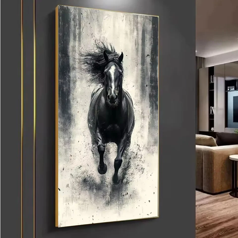 

Diamond Painting Large DIY Running Black White Horse Diamond Mosaic Kit Full Square Round Rhinestone Cross Stitch Home Decor