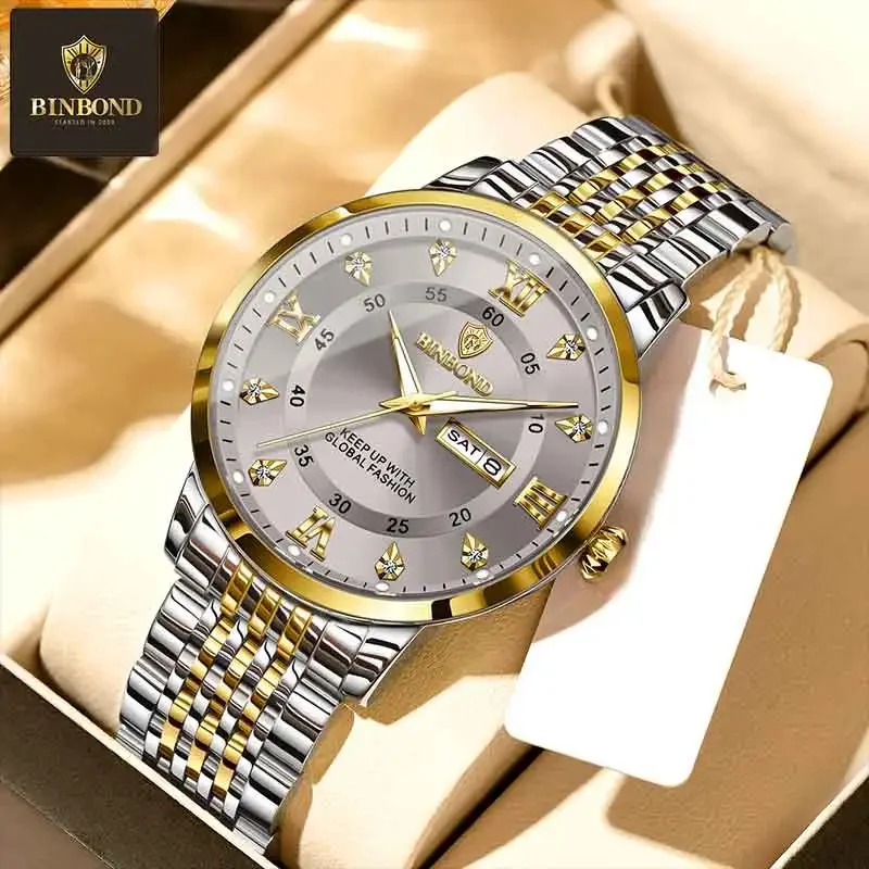 

BINBOND Luxury Business Men Wristwatch Waterproof Luminous Date Military Man Watch Stainless Steel Fashion Men's Quartz Watches