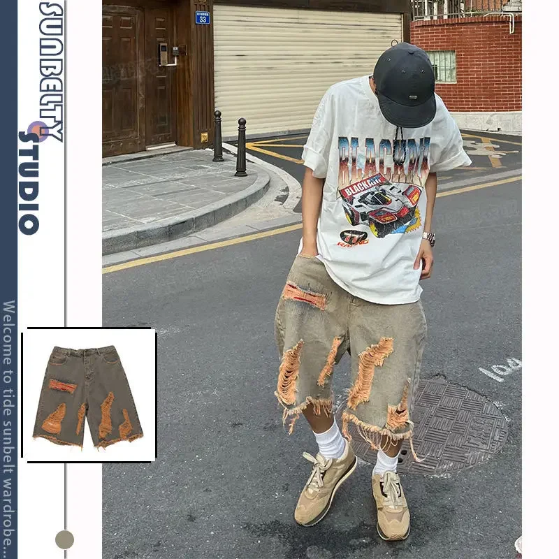 Casual Shorts Street Washed Distressed Raw Hem Ripped Denim Retro Men Clothing Summer Loose Straight Knee Length Solid Pants