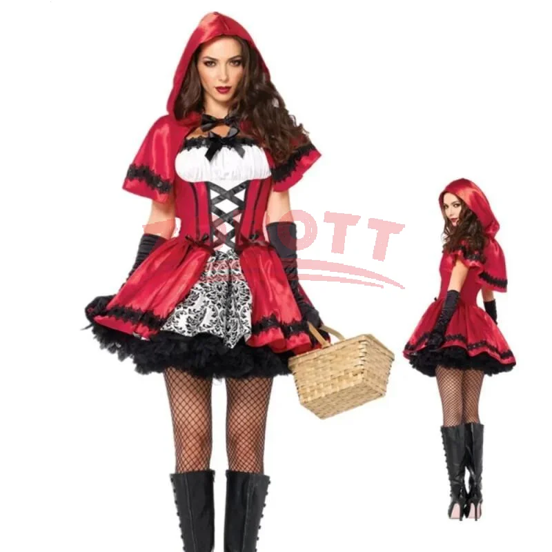 Nuevo Conjunto de Disfraz de Caperucita Roja, Vestido con Capa, Maquillaje para Halloween, Carnaval, Baile, Actuación en Escenario, Disfraz de Anime Sexy para Reina