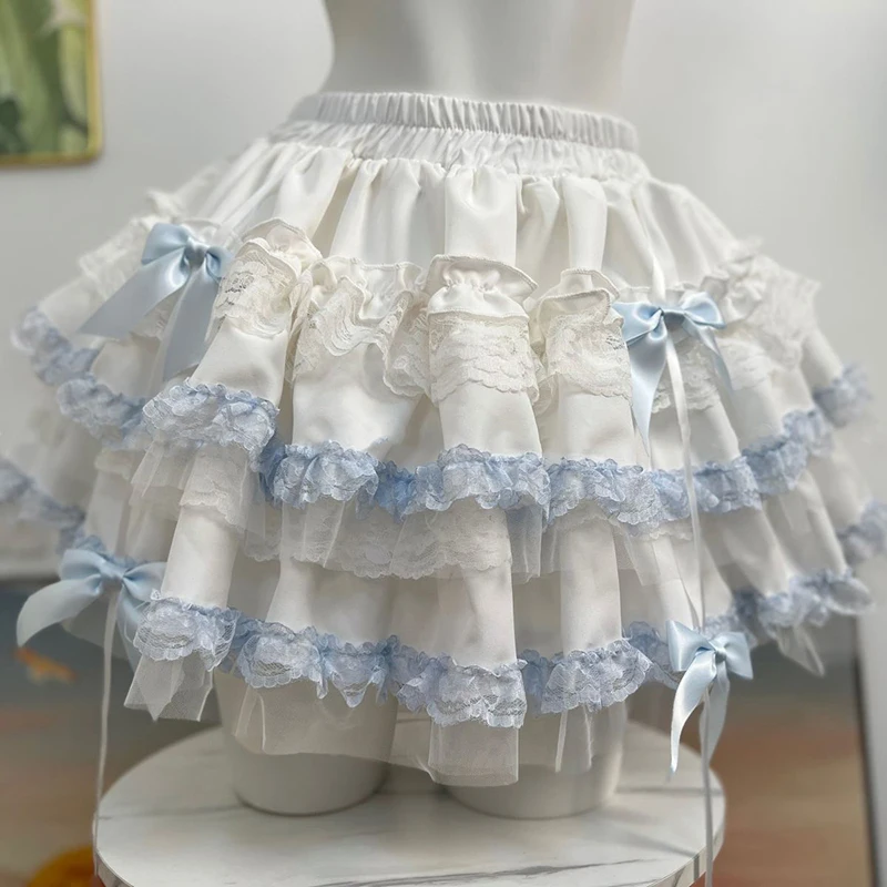 MEXZT Kawaii Bow Mini Skirt Women Japanese Lolita Ruffles Lace Ball Gown Skirts Summer Fashion Cutecore High Waist A Line Faldas