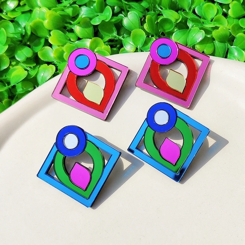 KUGUYS Vintage Retro Earrings for Women Mirror Acrylic Square Candle Flame Lightweight Jewelry Fashion Accessories