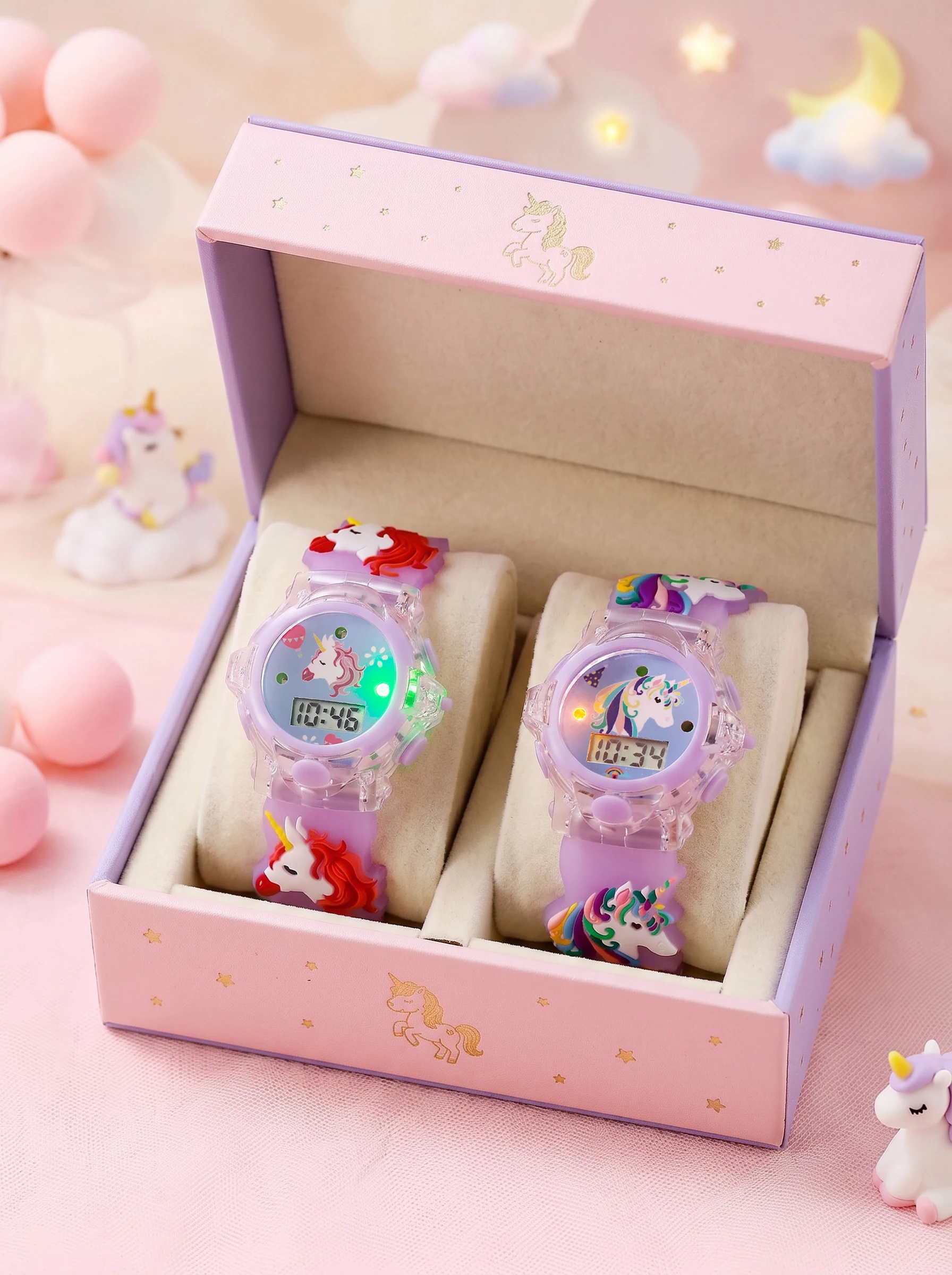 

2pcs/set Kids Unicorn LED Light Up Watch Set, No Box, Digital Wristwatch For Back To School, Vacation & Holiday