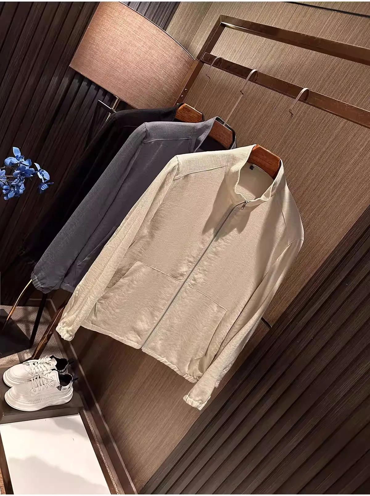 Spring new men's high-end stand up collar solid color linen jacket