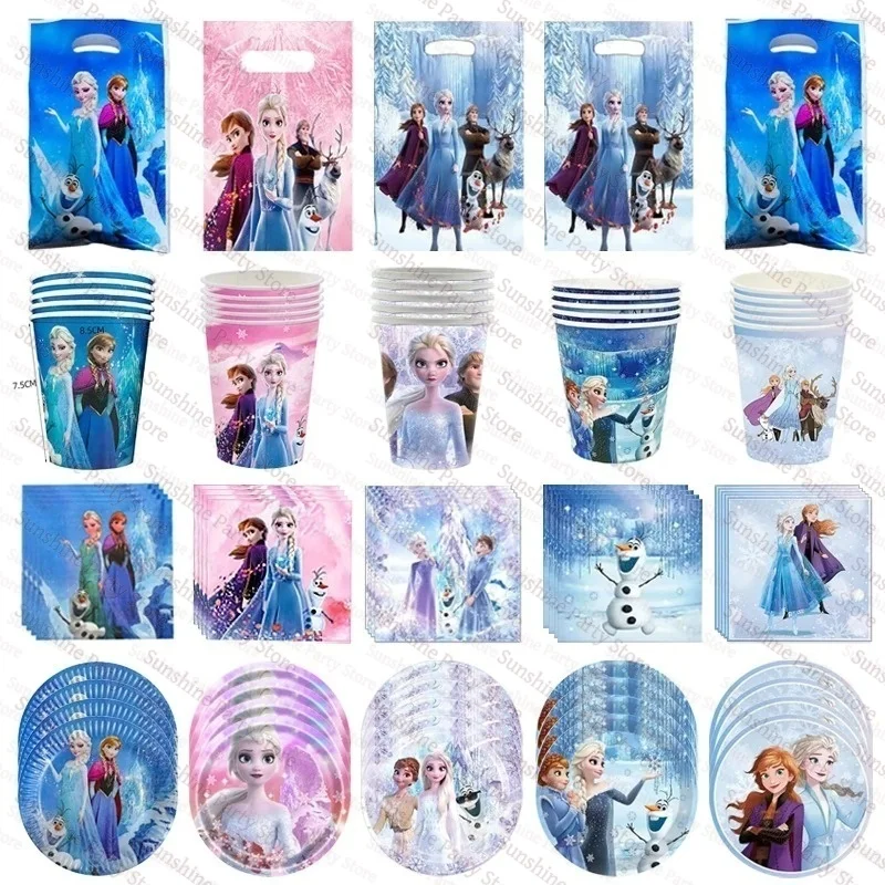 Décorations de fête sur le thème de la Princesse des Neiges, assiettes en papier, gobelets, nappe, sacs cadeaux, kit de fournitures de fête pour filles