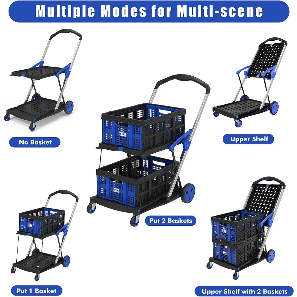 Grocery Shopping Cart with 2 Storage Crates Multi Use Functional Collapsible Carts Blue