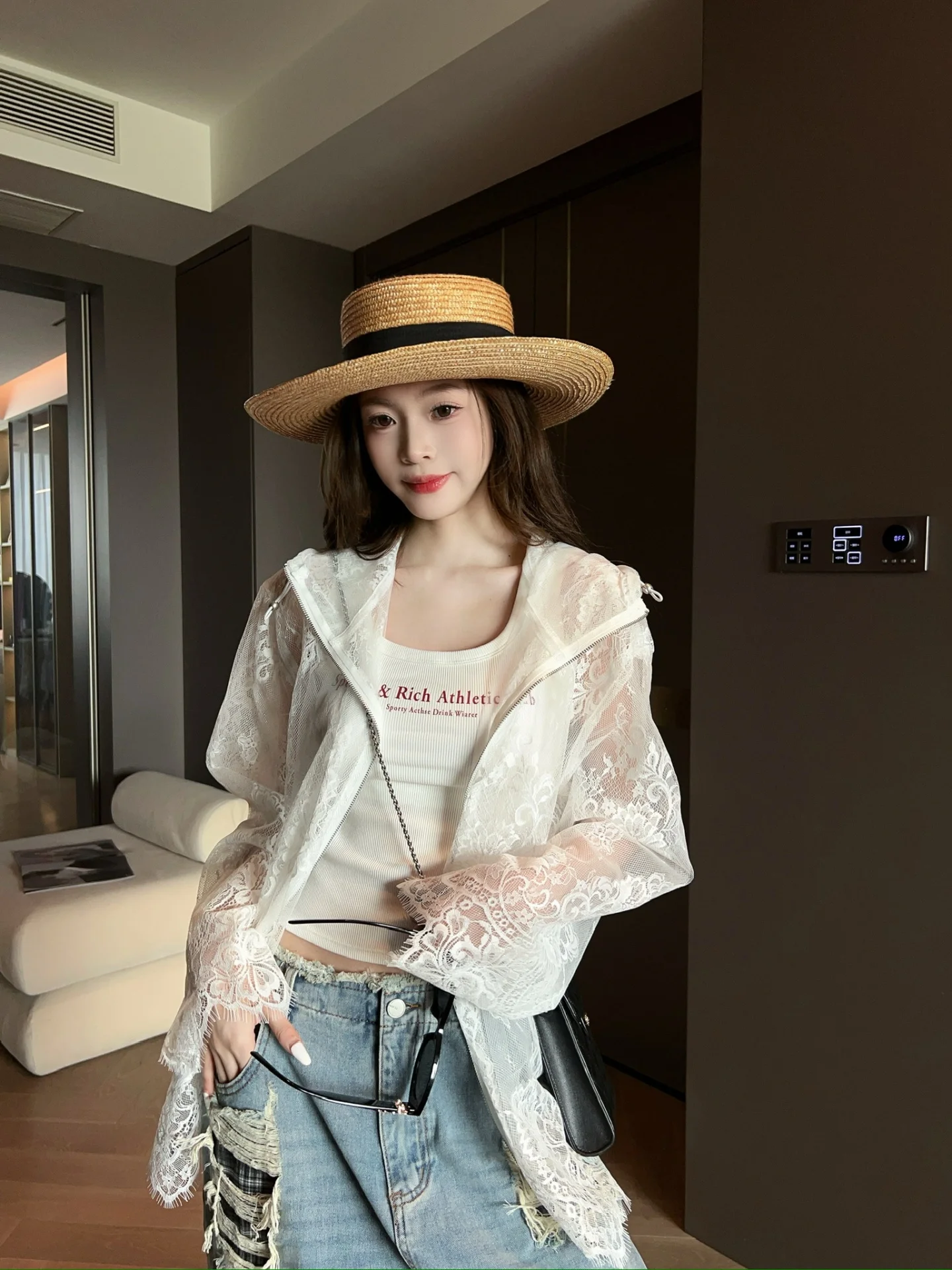 

Женская свободная куртка MRS SHAO с капюшоном и кружевом, защита от солнца, повседневный стиль, длинный рукав, средней длины, на молнии