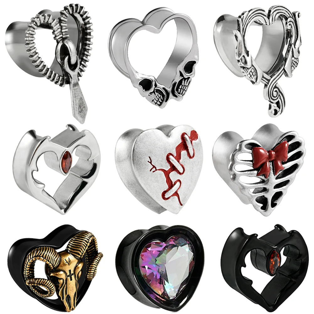 PAIR Stainless Steel Heart-shaped Nine Styles Ear Tunnels Plugs Ear Stretchers Gauges Expander Flared Body Piercing Jewelry