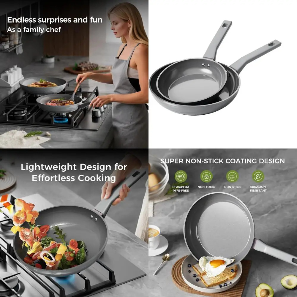 

Gray Nonstick Fry Pan Set, 20cm & 26cm, PFTE-Free, Dishwasher Safe, Induction-Ready Cookware with Cool Grip