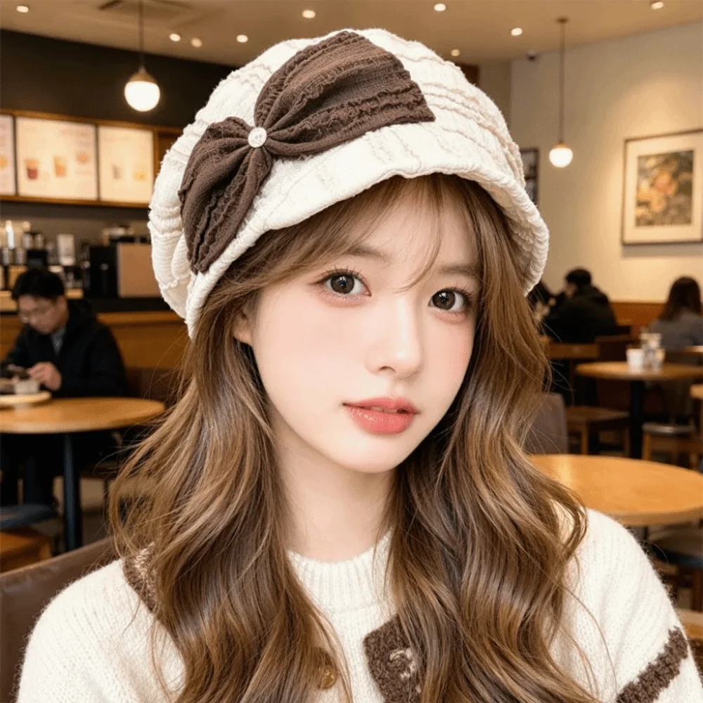 Soft Material Knitted Bucket Hat Foldable Design Bow Decoration Ear-Covering Hat Adjustable Drawstring Double-Layer Knitted