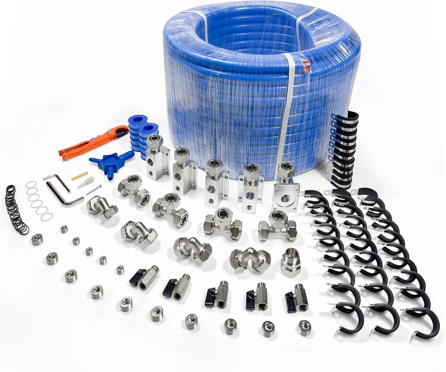 Compressed Air Piping System with 3/4 Inch ID x 200 feet HDPE Tubing & Aluminum Outlet Blocks for Garage Connect Air Compressor