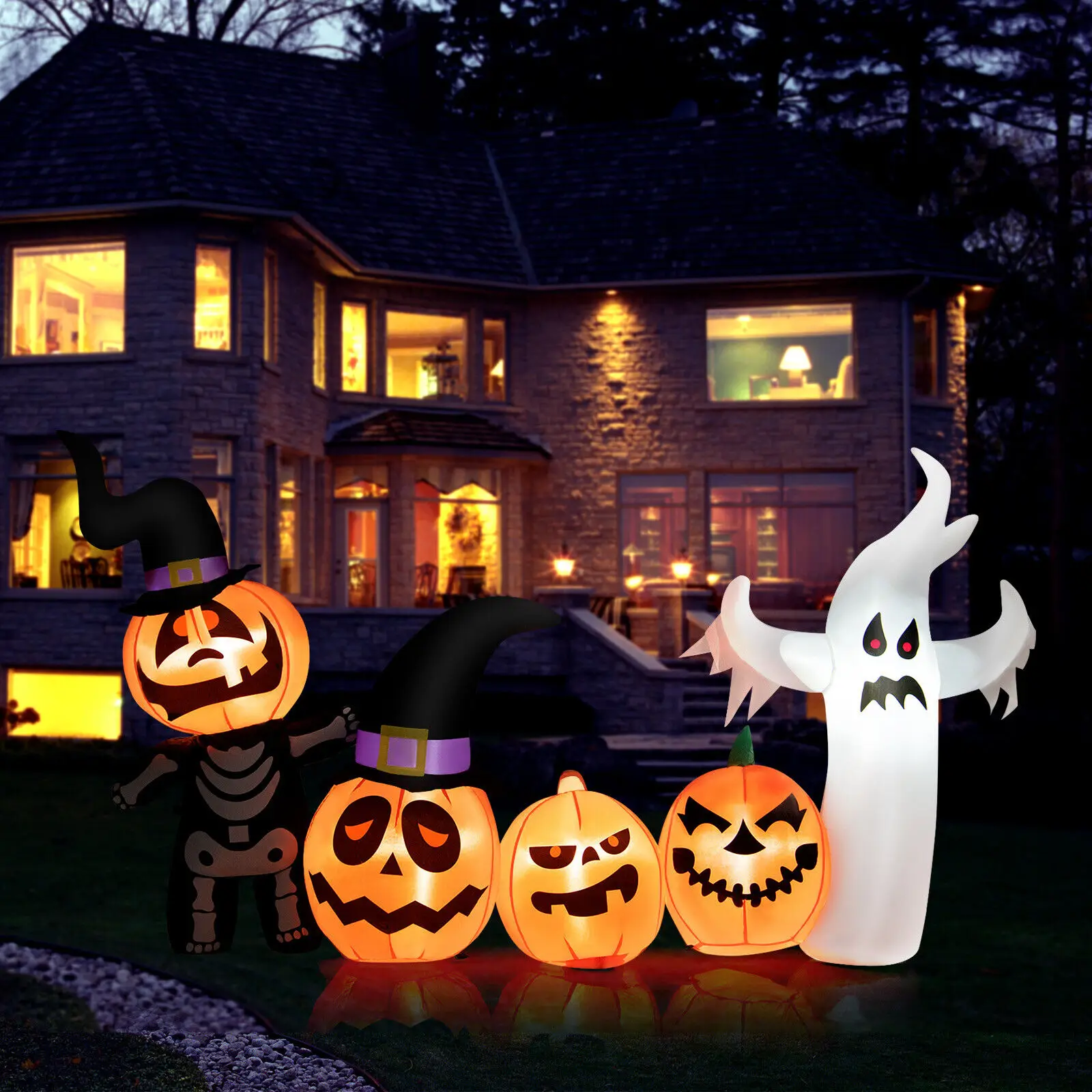 Costway 7.5 FT Long Halloween Inflatable Decor Spooky Ghost and Pumpkin w/Lights